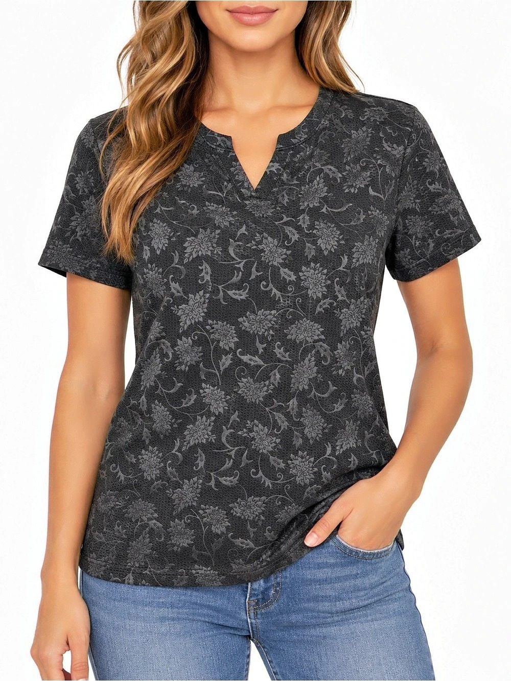 GUESS Women’s XS Black Floral V-Neck Short Sleeve Top Tonal Pattern